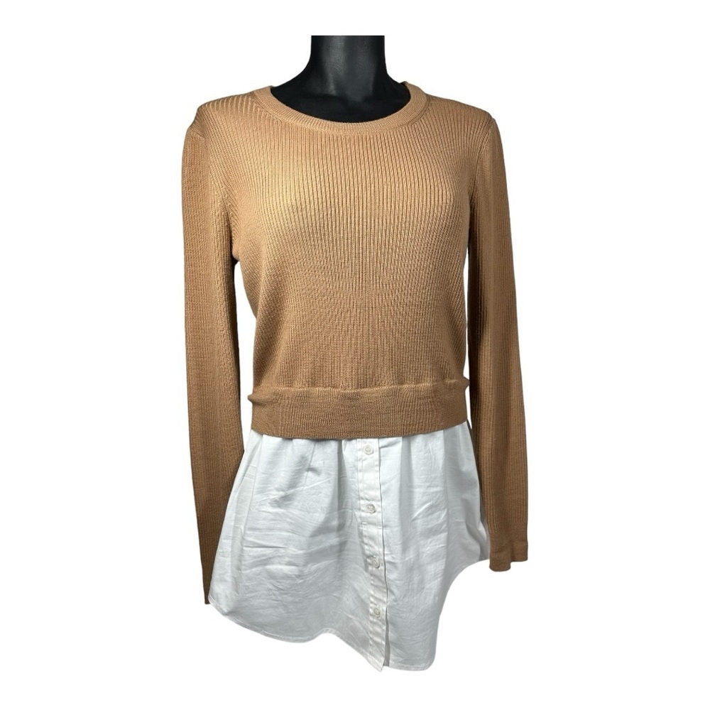Veronica Beard Cassie Combo Merino Wool Twofer Brown Sweater White Shirt Medium